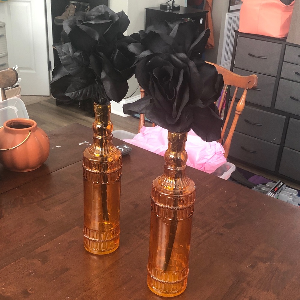 Vintage Amber Glass Bottle Vases with Black Roses